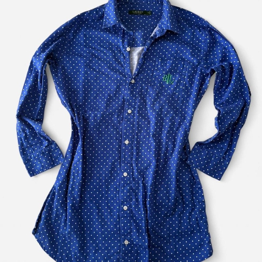 Ralph Lauren Blue Cotton Sleepshirt with White Polka Dots